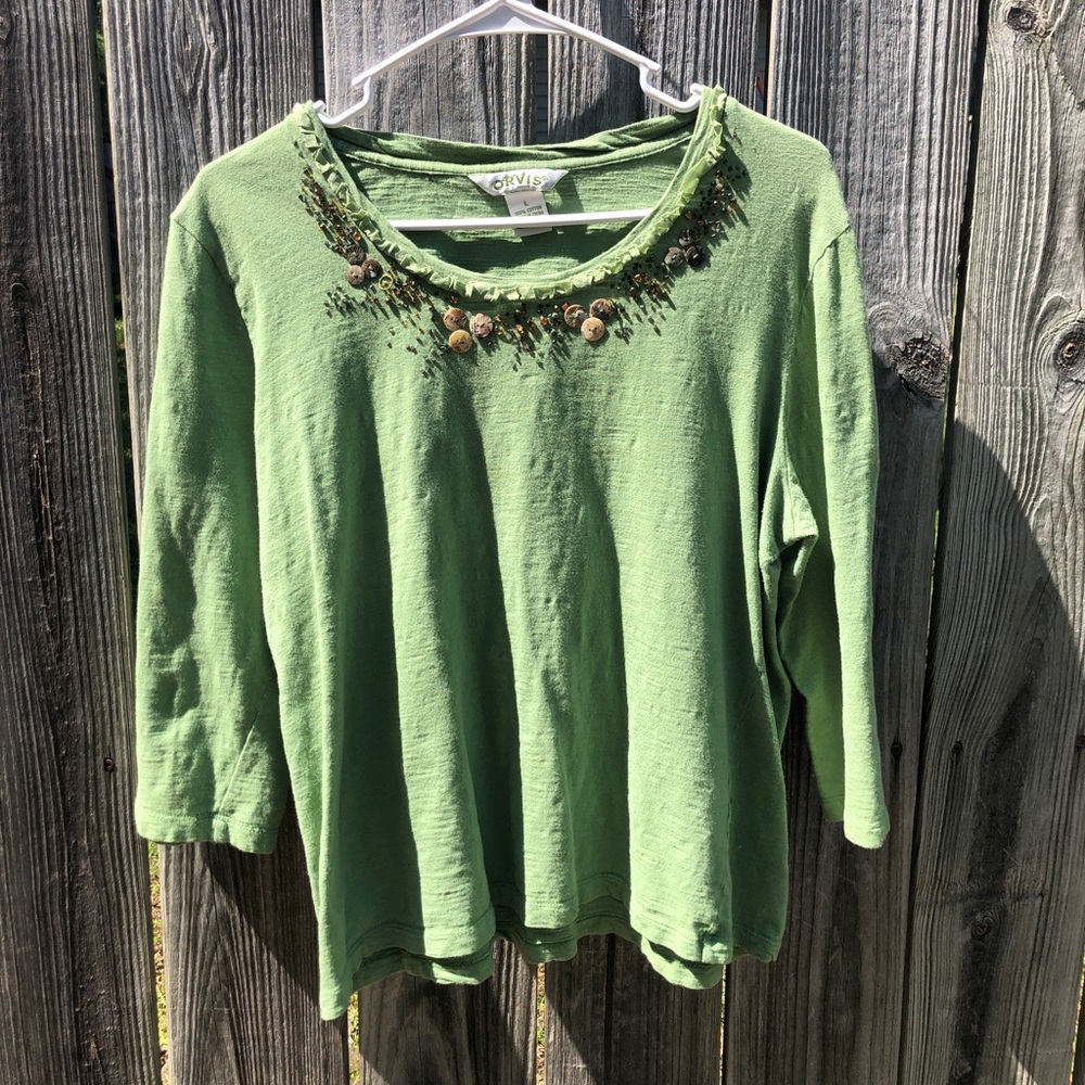 Orvis Green Embellished 3/4 Sleeve Blouse Large